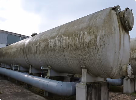 Großer zylindrischer Lagertank mit Abflussrohren auf Betonstützen im Außenbereich.