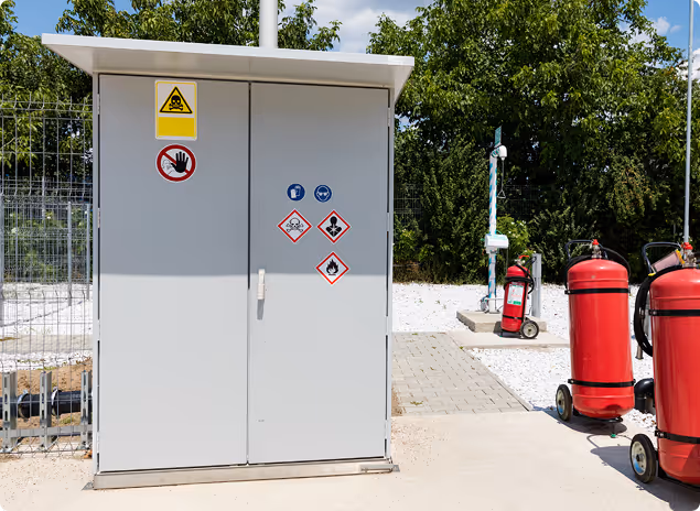 Grauer Sicherheitsschrank mit Warn- und Schutzzeichen für Giftstoffe, Handschutz, Atemschutz, Umweltgefahr und Feuergefahr, umgeben von Feuerlöschern und Grünflächen.