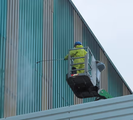 Arbeiter in Schutzkleidung und Helm reinigt eine große grün-graue Metallfassade mit Hochdruckreiniger aus einer Hebebühne.