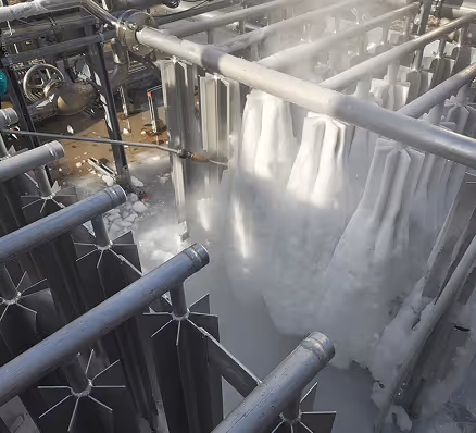 Industrielle Rohre und Ventile mit vereistem Kondensat und dampfender Umgebung in einer Fabrikanlage.