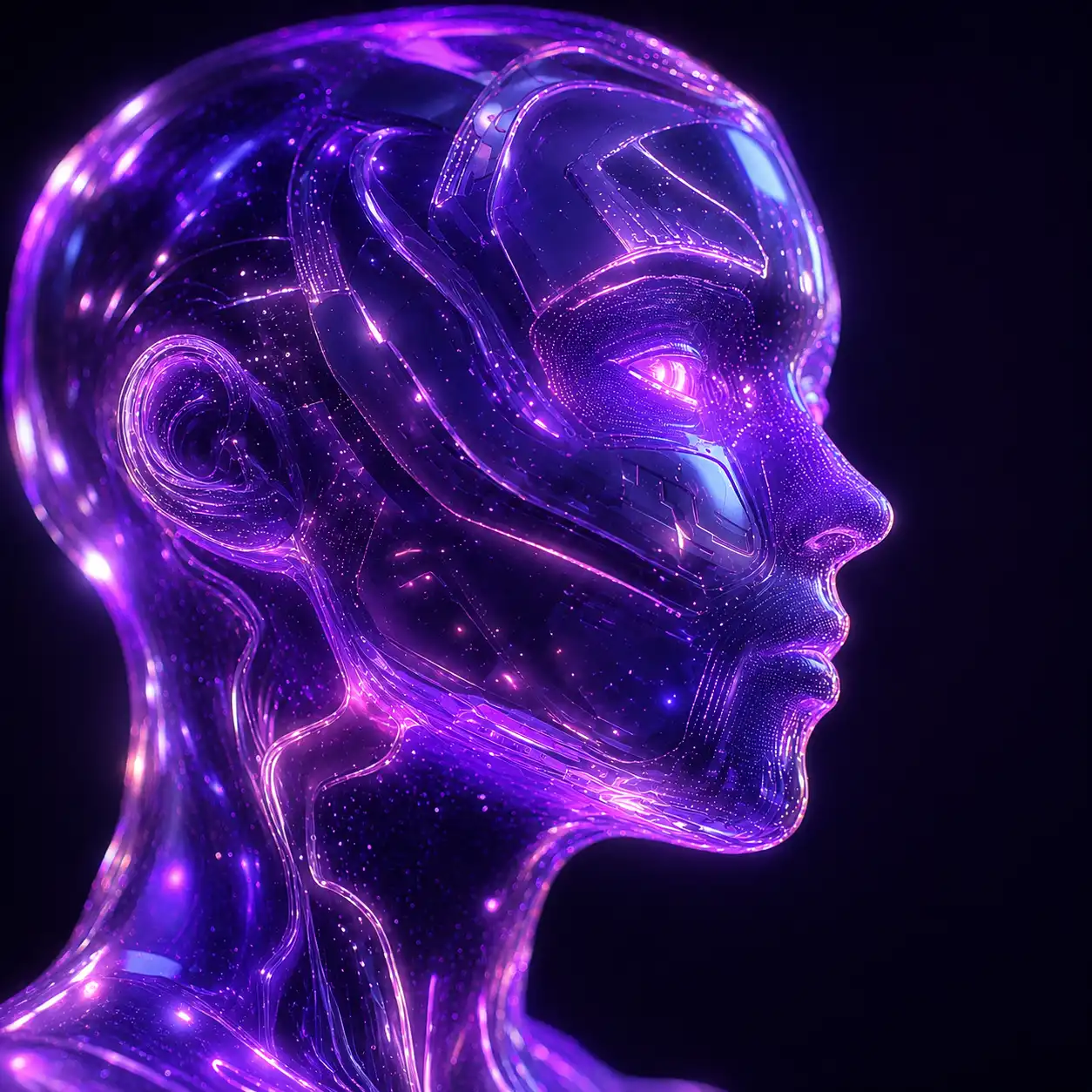 Profile of a glowing purple futuristic humanoid robot head emitting light patterns in a dark background.