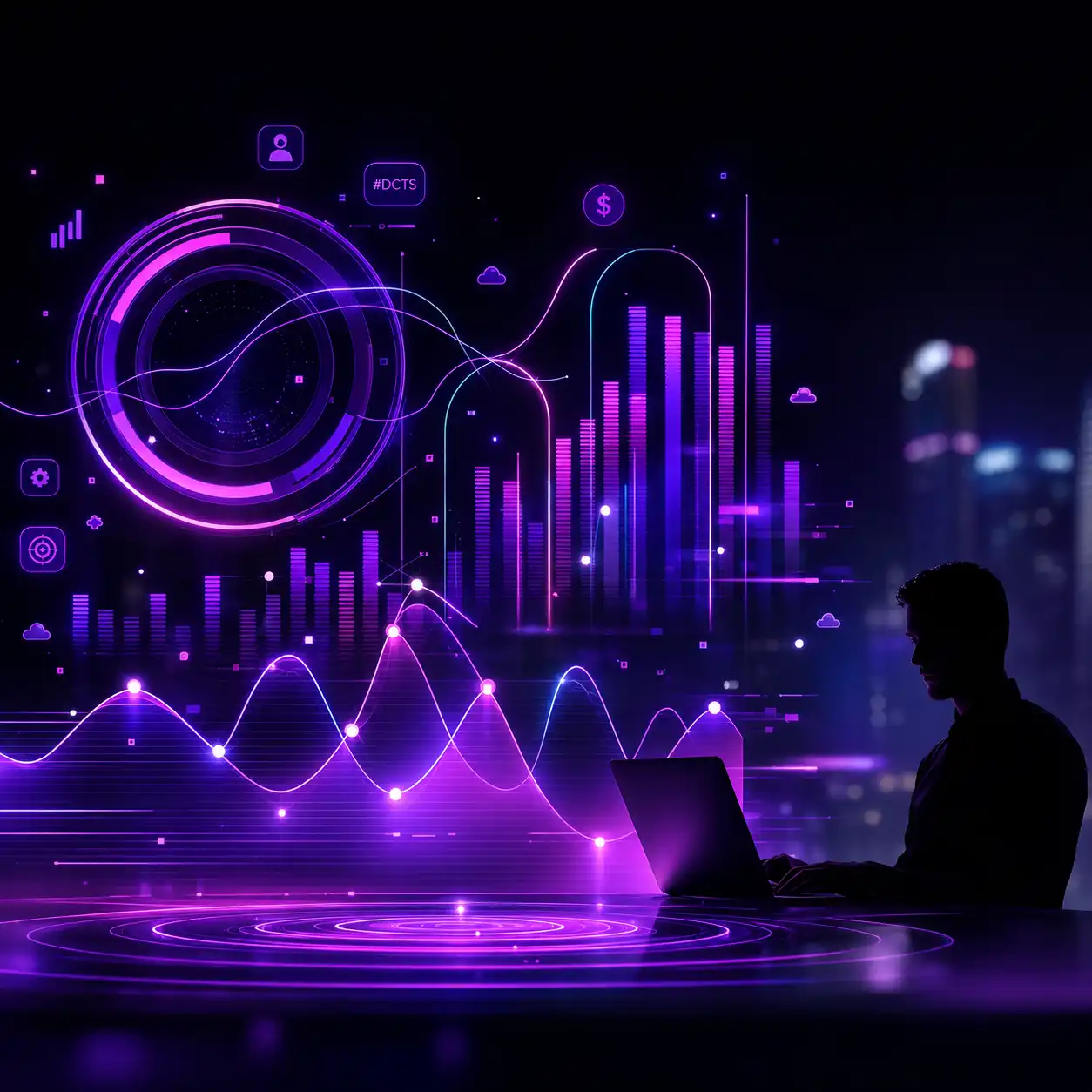 Silhouette of a man working on a laptop with glowing purple digital graphs and data visualizations.