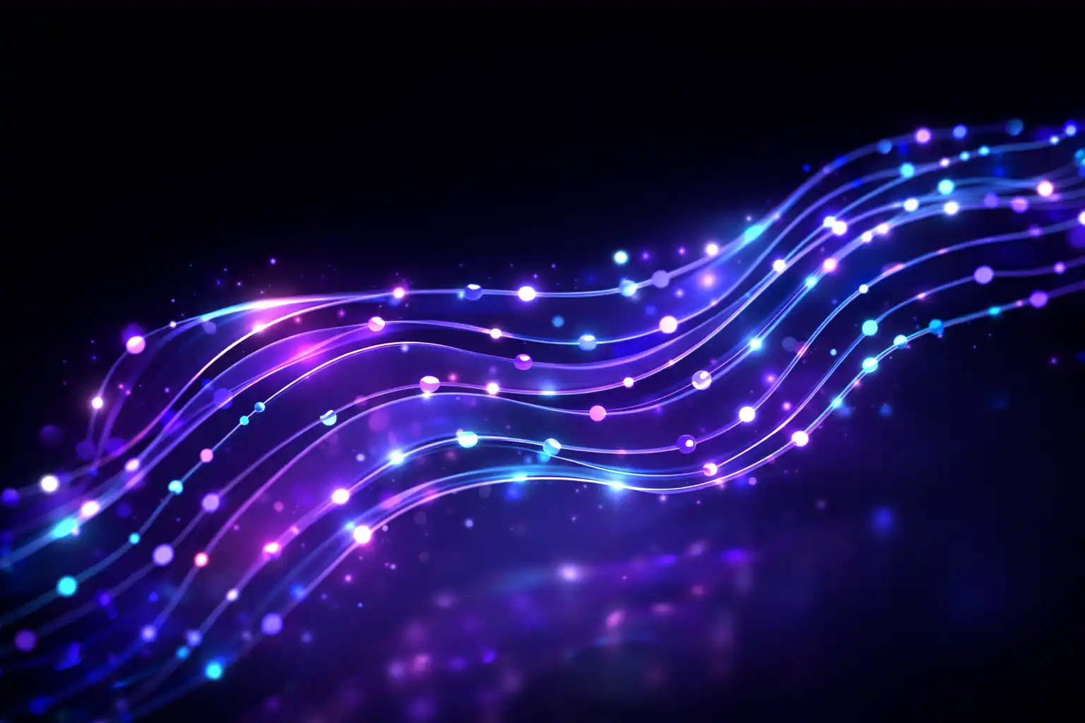 Glowing blue and purple light strands with particles on a dark background in a flowing wave pattern.