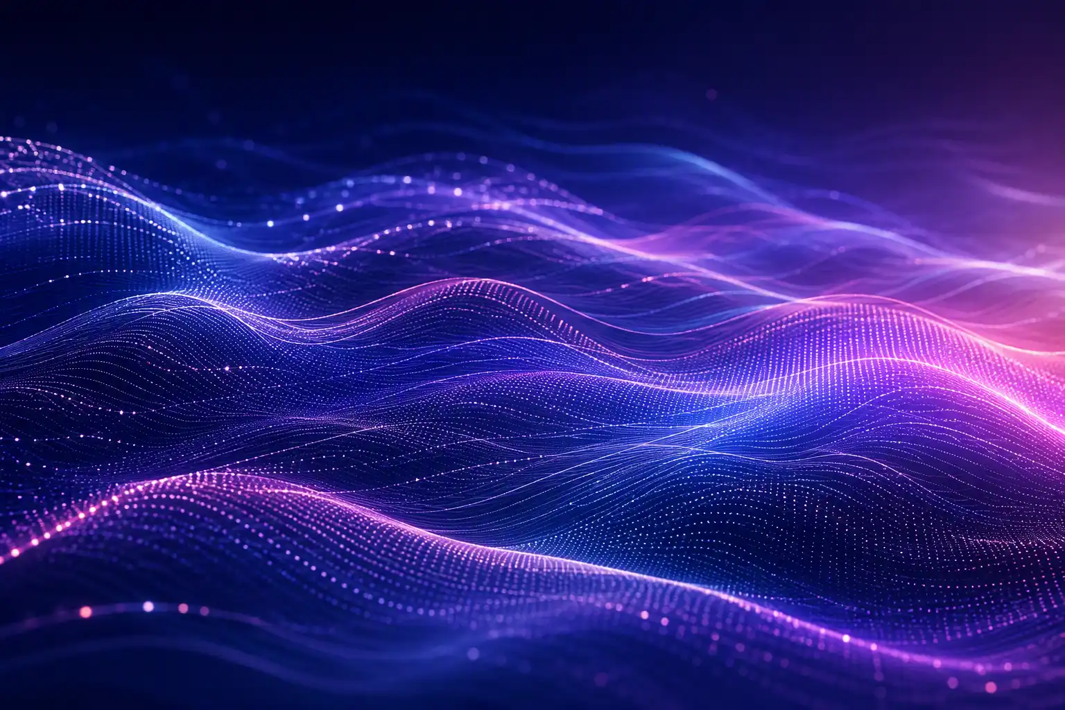 Abstract glowing purple and blue wave patterns with light dots on a dark background.