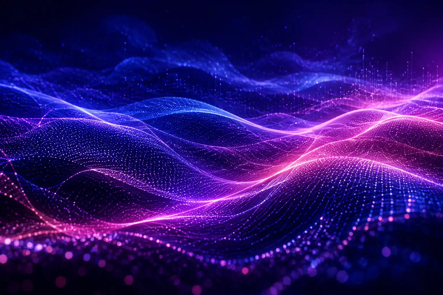 Abstract digital wave landscape with glowing purple and blue light dots and lines.