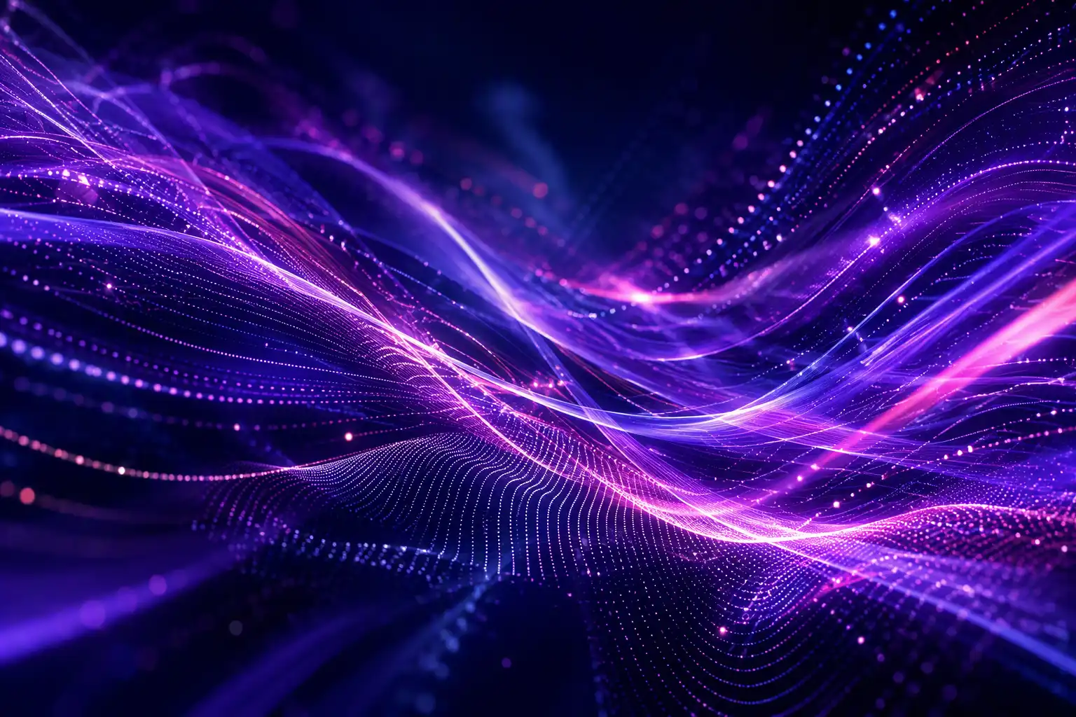 Abstract flowing waves of purple and pink light particles on a dark background.