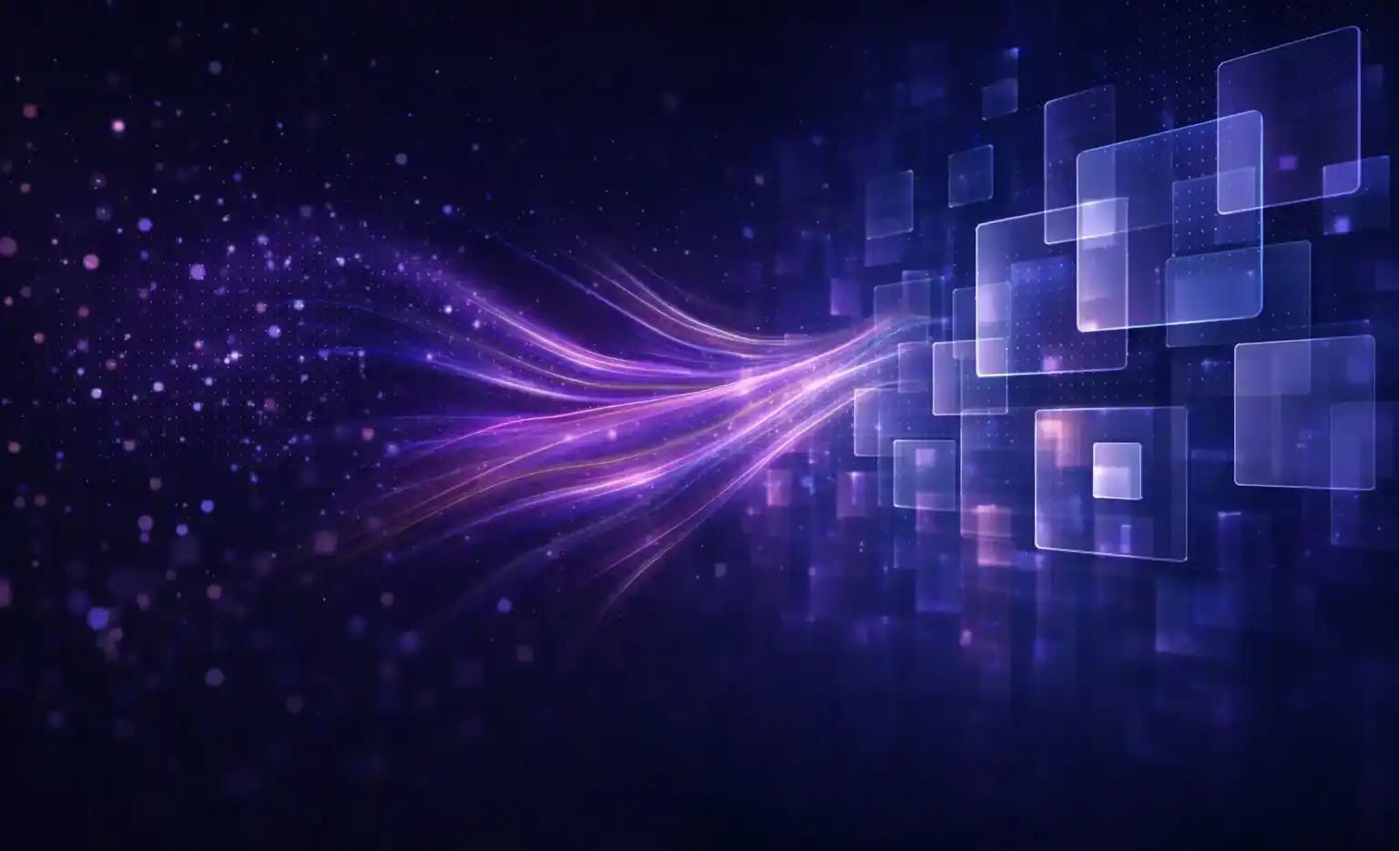 Glowing purple light streams flow into floating transparent squares on a dark digital background.