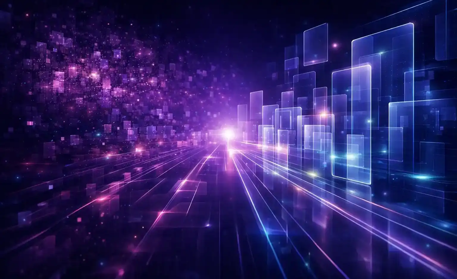Abstract digital landscape with glowing purple and blue squares and light beams in a futuristic style.