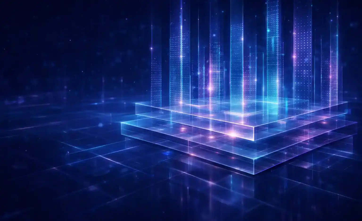 Blue glowing digital platform with tall vertical lines and dots indicating data streaming.