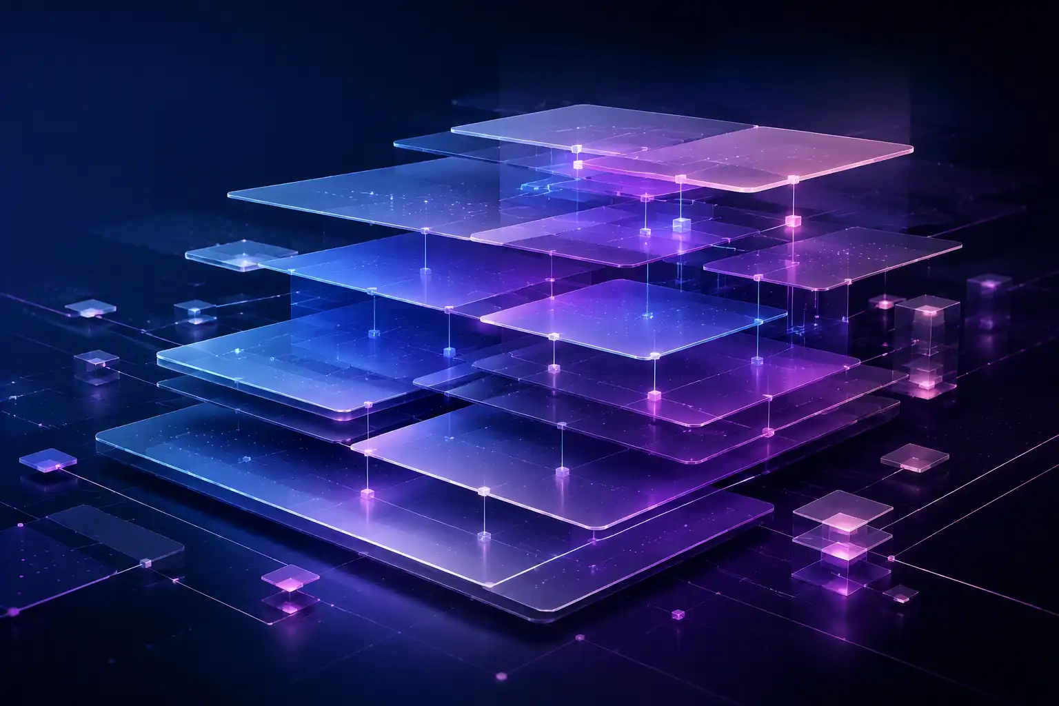 Floating translucent digital layers connected by glowing nodes in blue and purple hues on dark background.