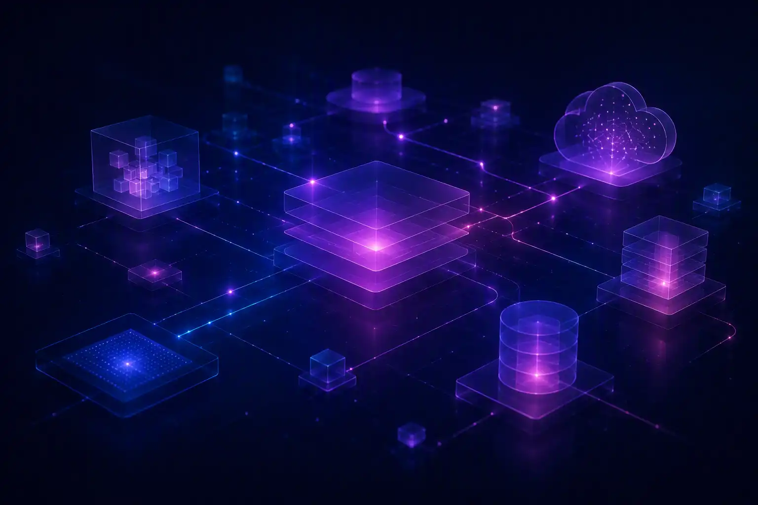 Glowing purple futuristic digital network with cloud and data storage icons connected by lines.