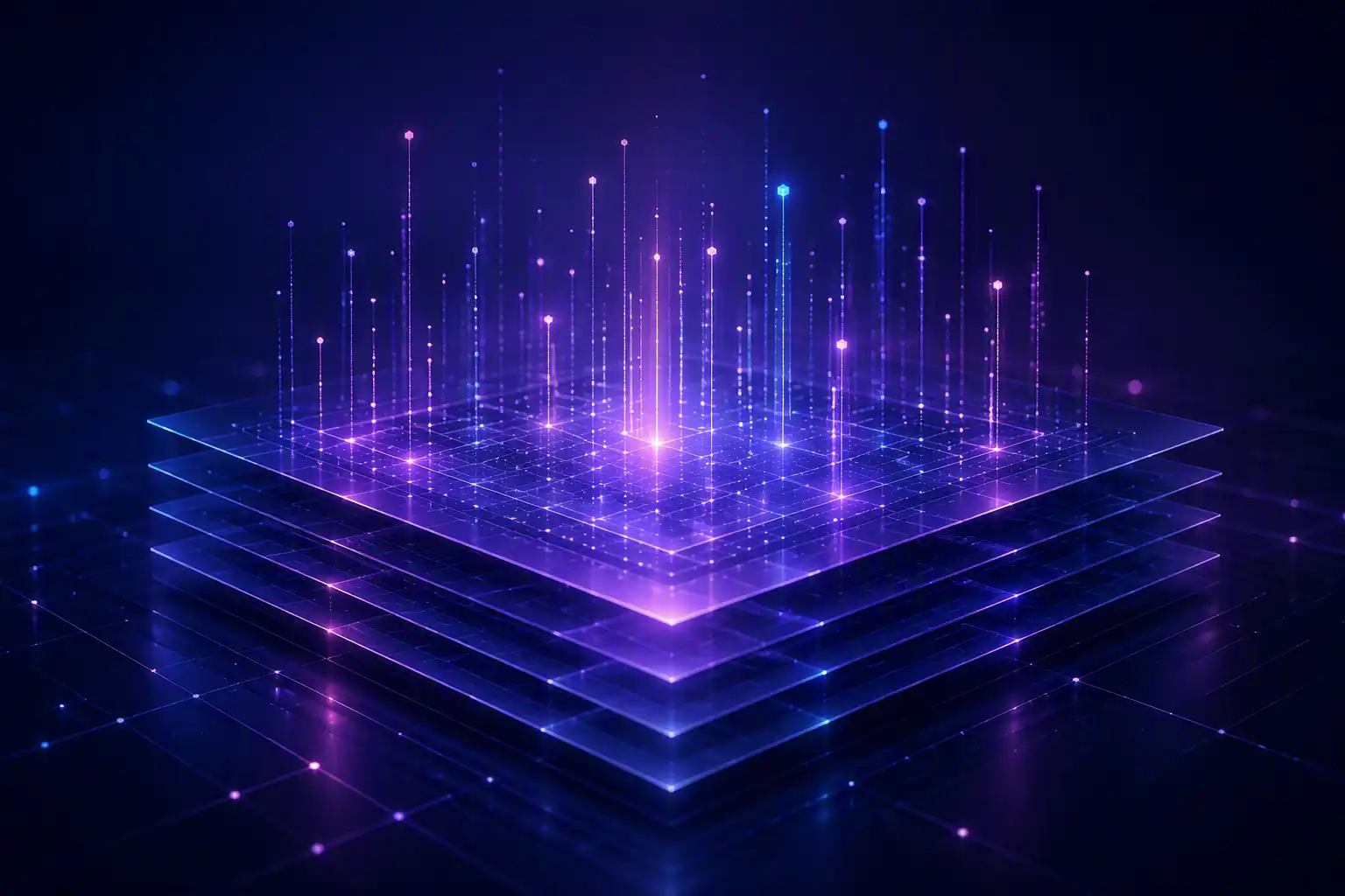 Glowing purple and blue digital grid layers with vertical light beams rising from points on the top layer.