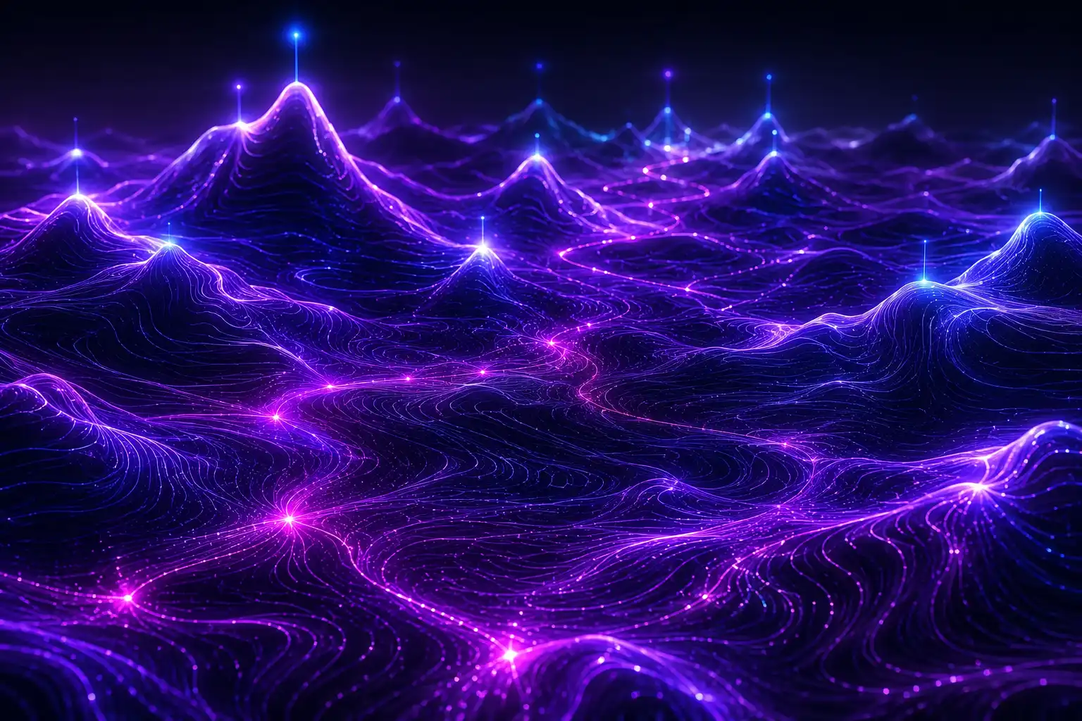 Glowing neon purple and blue digital mountain peaks forming a futuristic network pattern.
