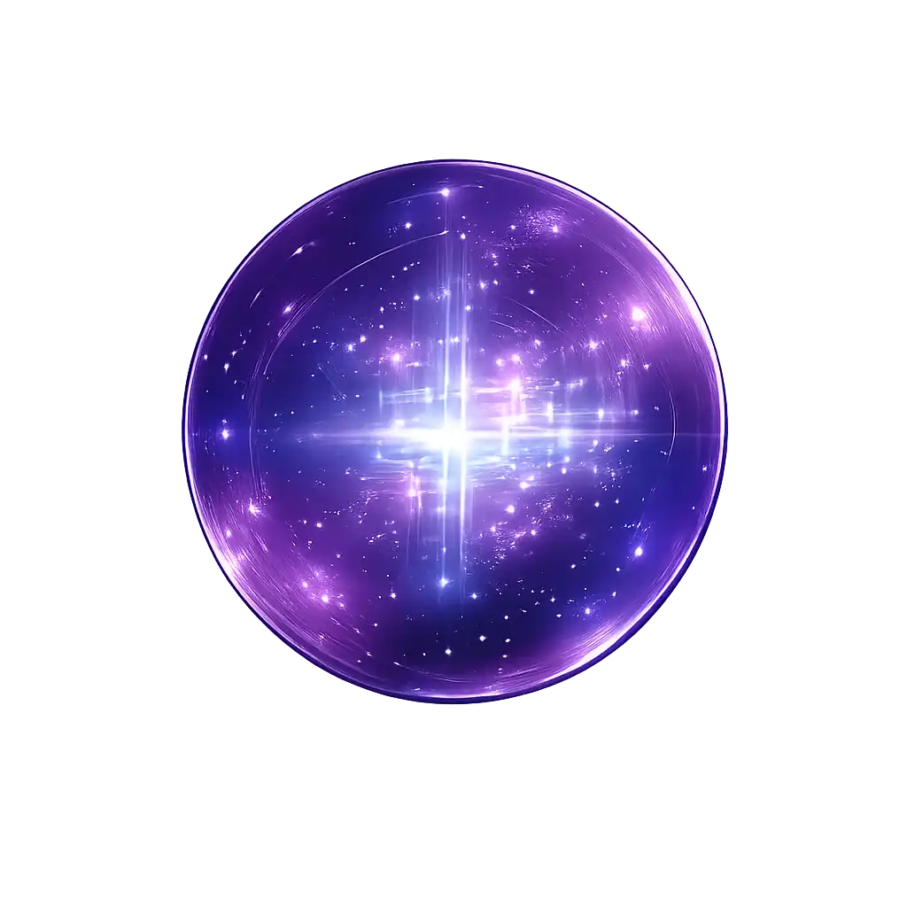 Glowing purple orb with radiant white core and sparkling star-like lights inside.
