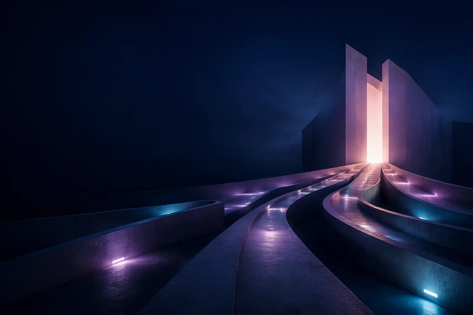 Curved futuristic pathway lit with purple and blue lights leading to a bright open door in dark building.