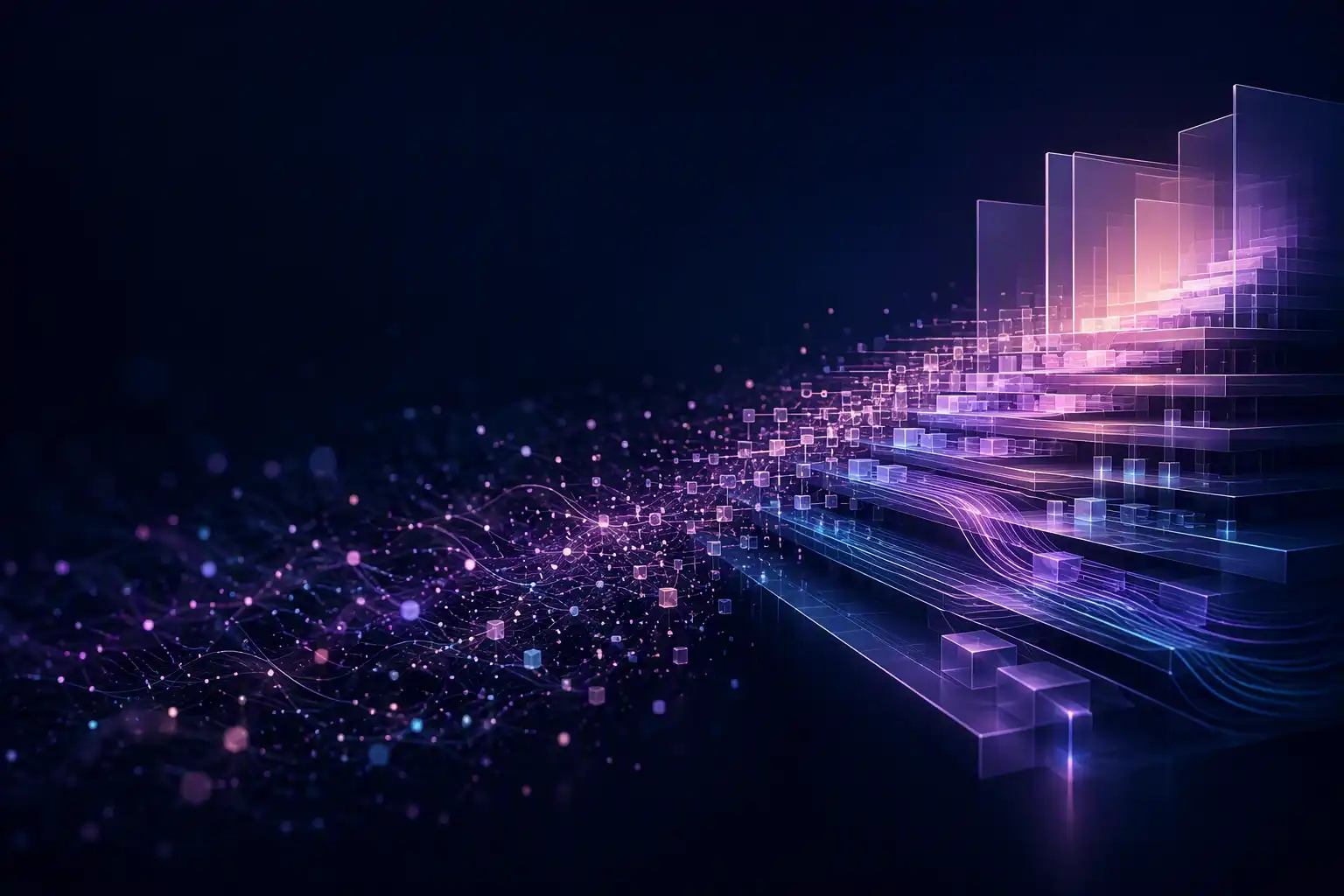 Abstract digital data flow forming glowing stair-like layers with purple and blue light effects.