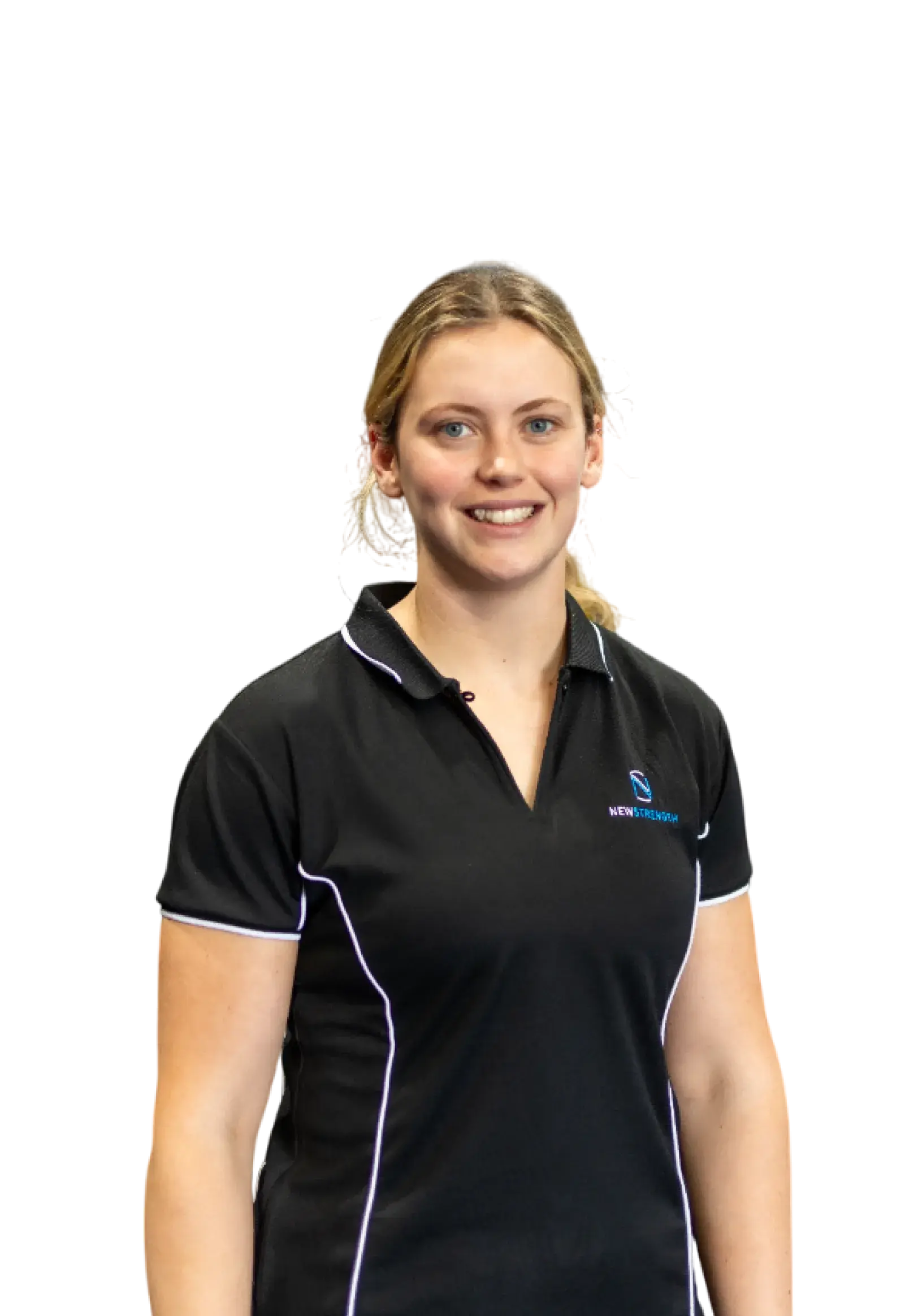Smiling woman with blonde hair wearing a black polo shirt with New Strength logo.