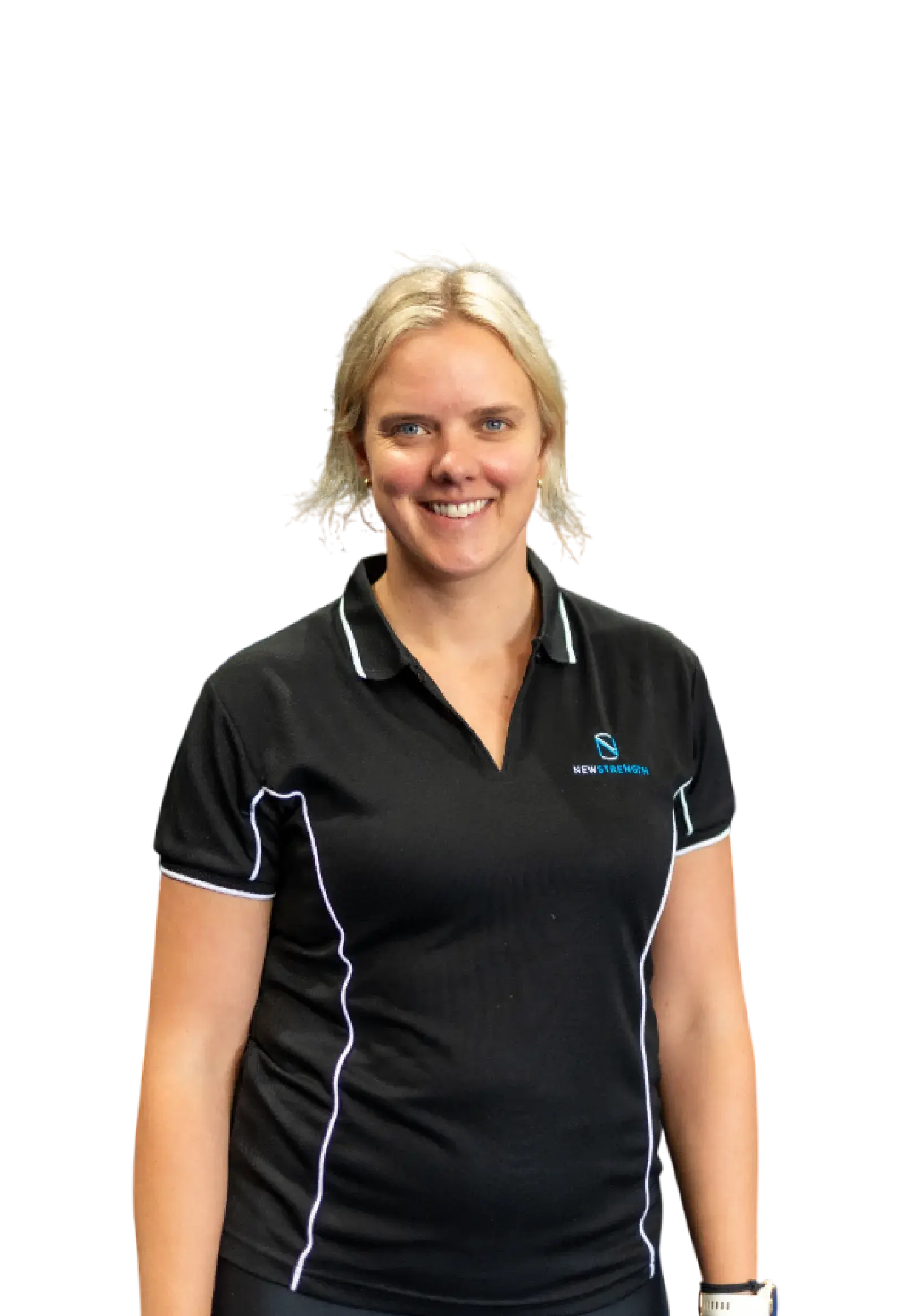 Smiling woman with blonde hair wearing a black New Strength polo shirt against a black background.