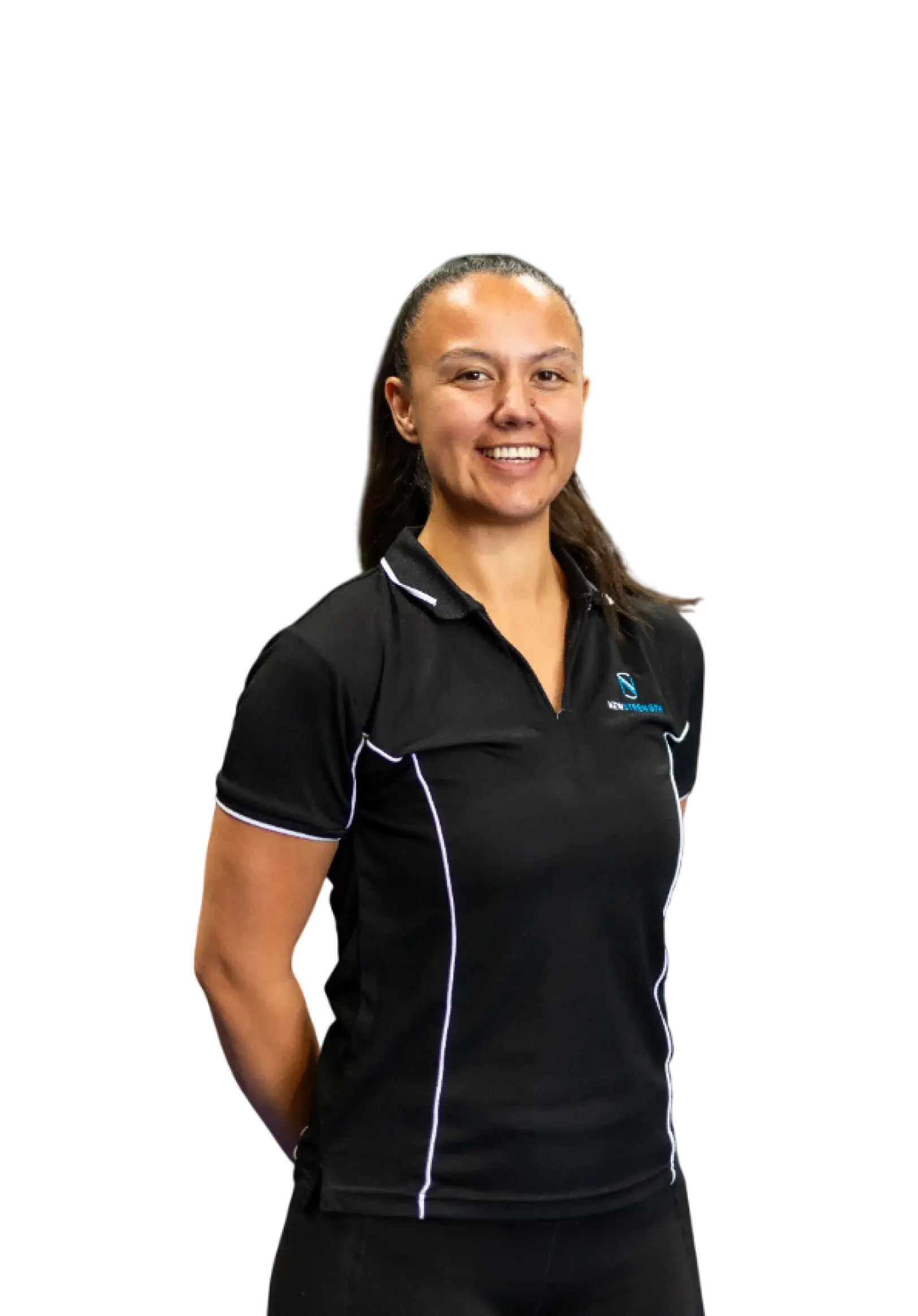 Smiling woman with dark hair tied back wearing a black polo shirt with white piping and a logo on the chest.