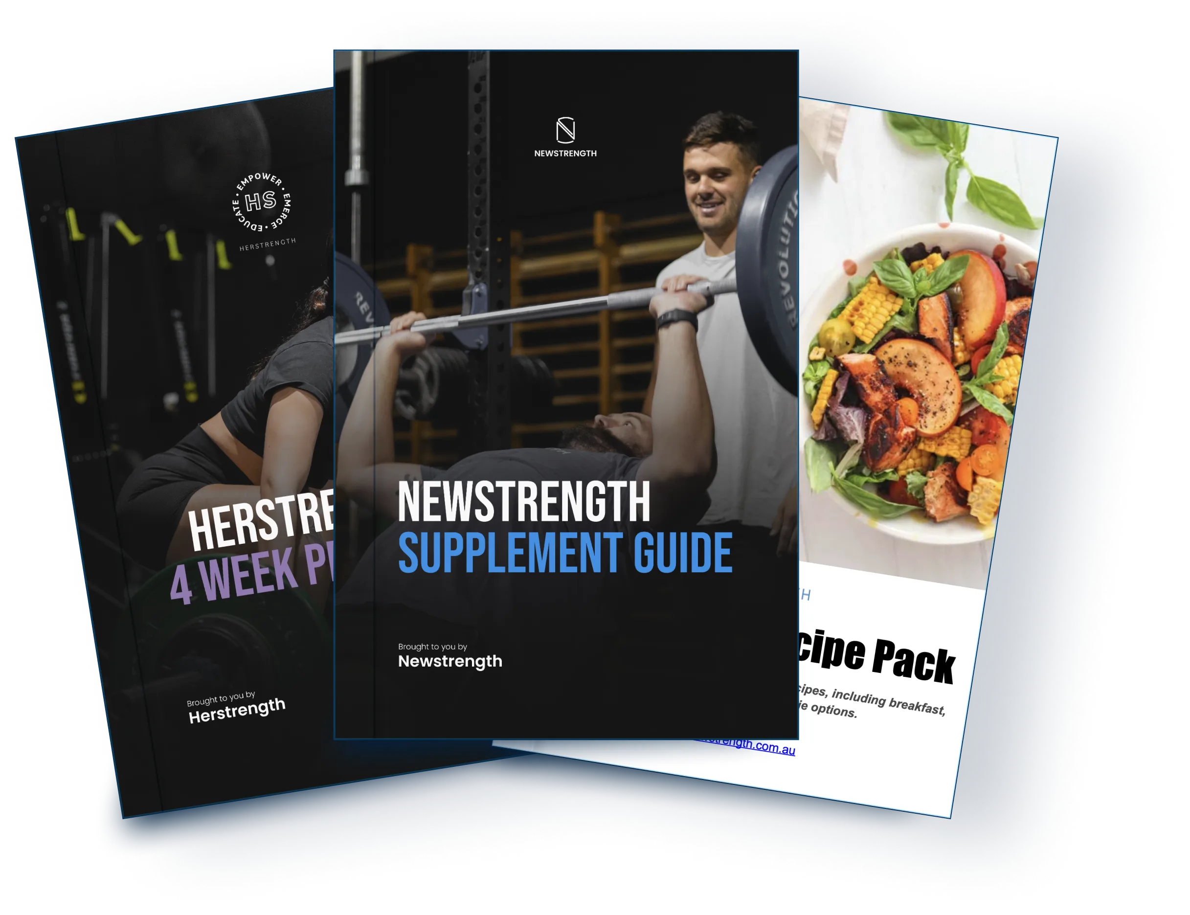 Three fitness and nutrition guides stacked, including Herstrength 4 Week Program, Newstrength Supplement Guide, and a Recipe Pack with a bowl of colorful salad.