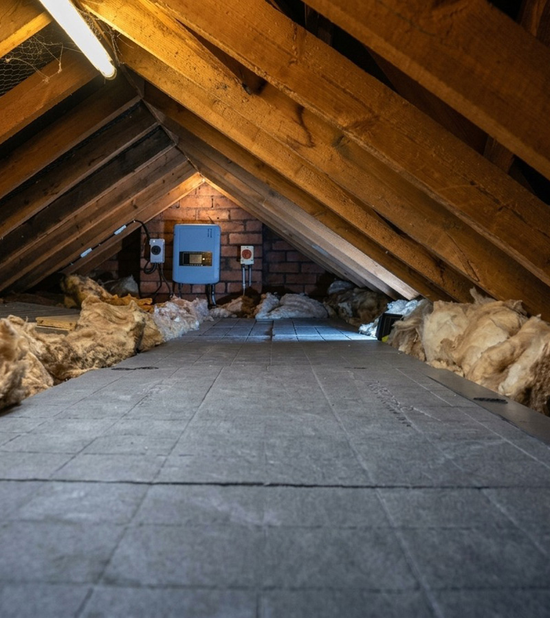 Empty attic space with wooden beams, insulation along sides, and electrical panel on far wall.