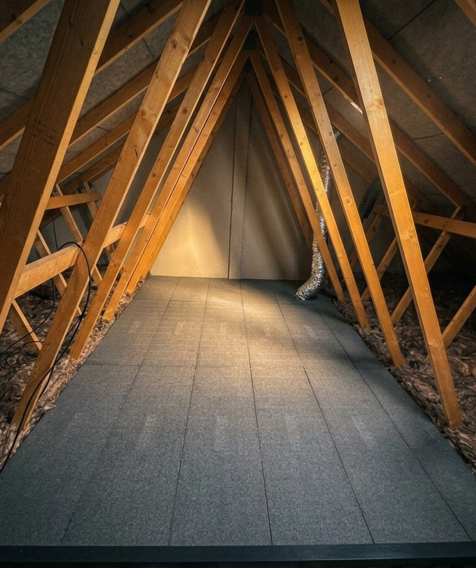 Empty attic with wooden beams and a gray floor under soft warm lighting.