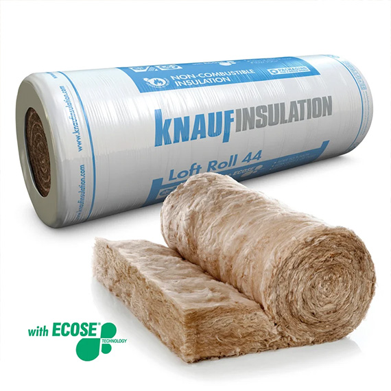 Roll of Knauf Loft Roll 44 insulation material with ECOSÊ technology, partially unrolled.