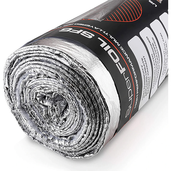Rolled silver reflective insulation material labeled SuperFoil SFG for high-performance thermal insulation.