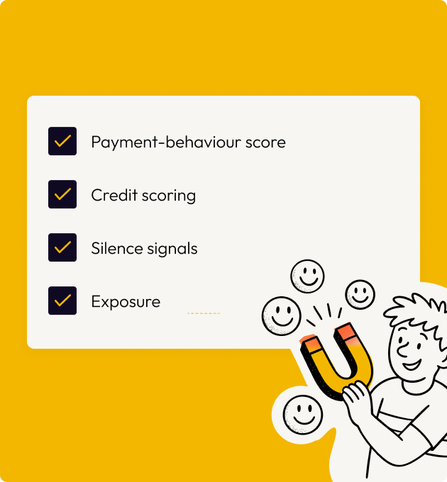 Checklist with five tasks completed: issue invoices on schedule, match payments to invoices, chase overdue accounts, reconcile bank feeds, and send month-end reports, alongside a cartoon person holding a magnet attracting smiling faces.