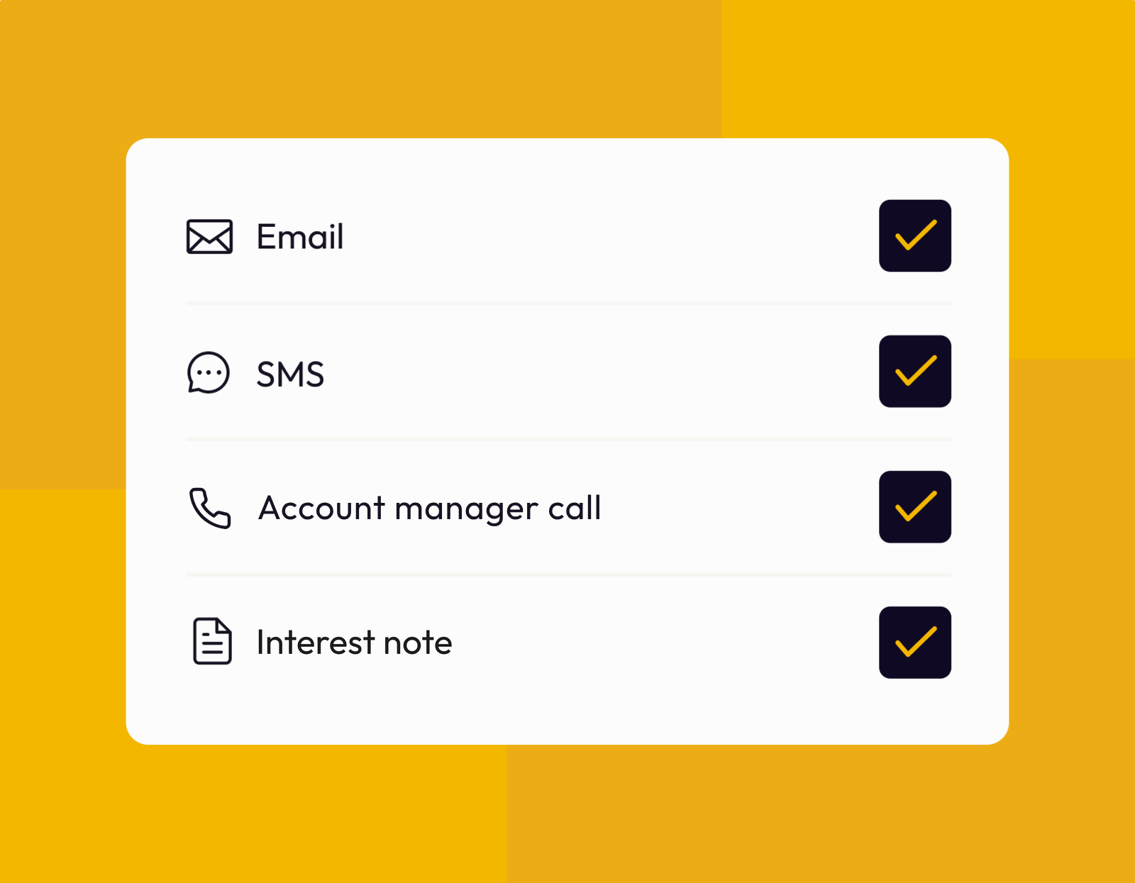 Checklist of collection channels with email, SMS, an account manager call and an interest note ticked