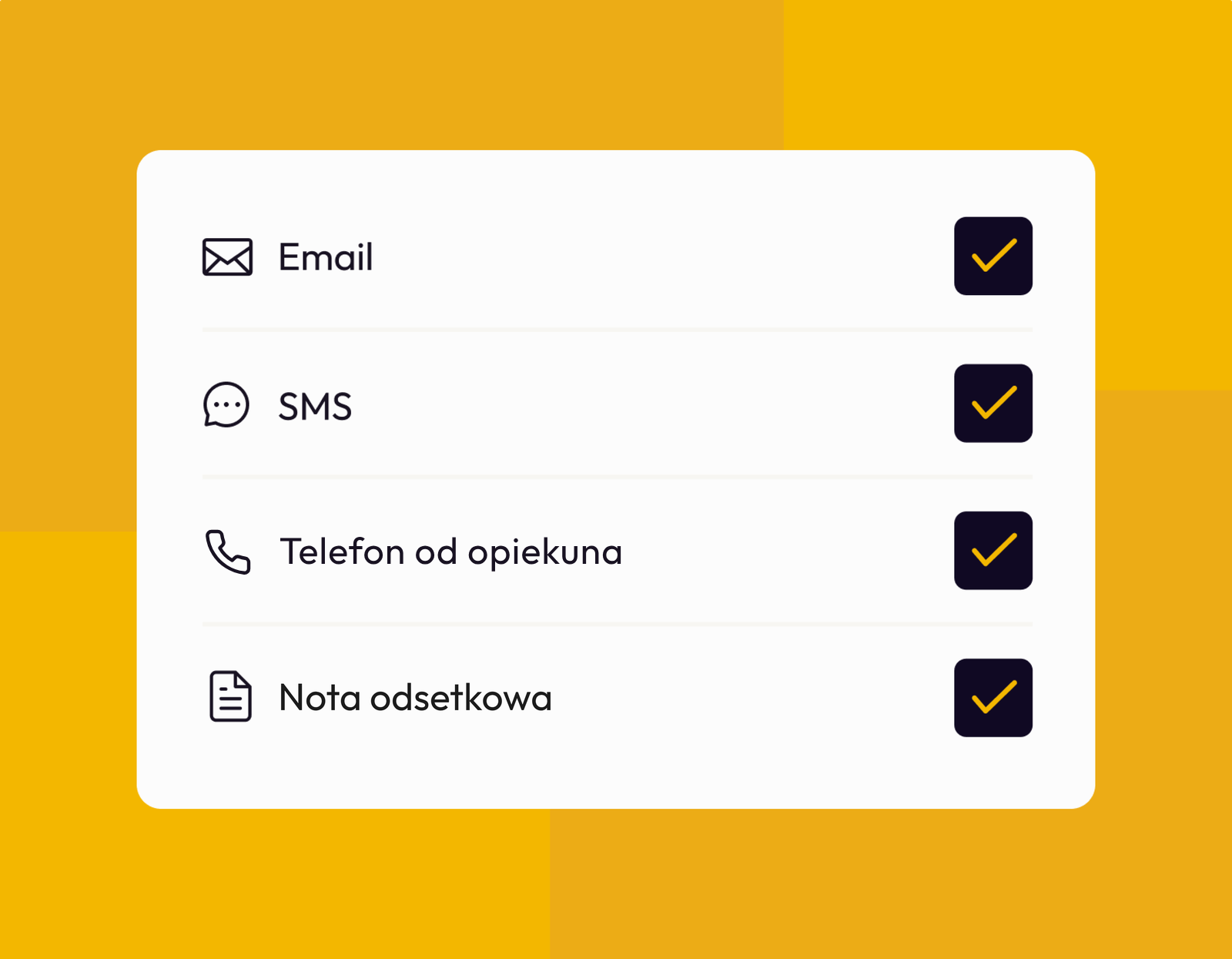 Lista kanałów z zaznaczonym e-mailem, SMS-em, telefonem od opiekuna klienta i notą odsetkową