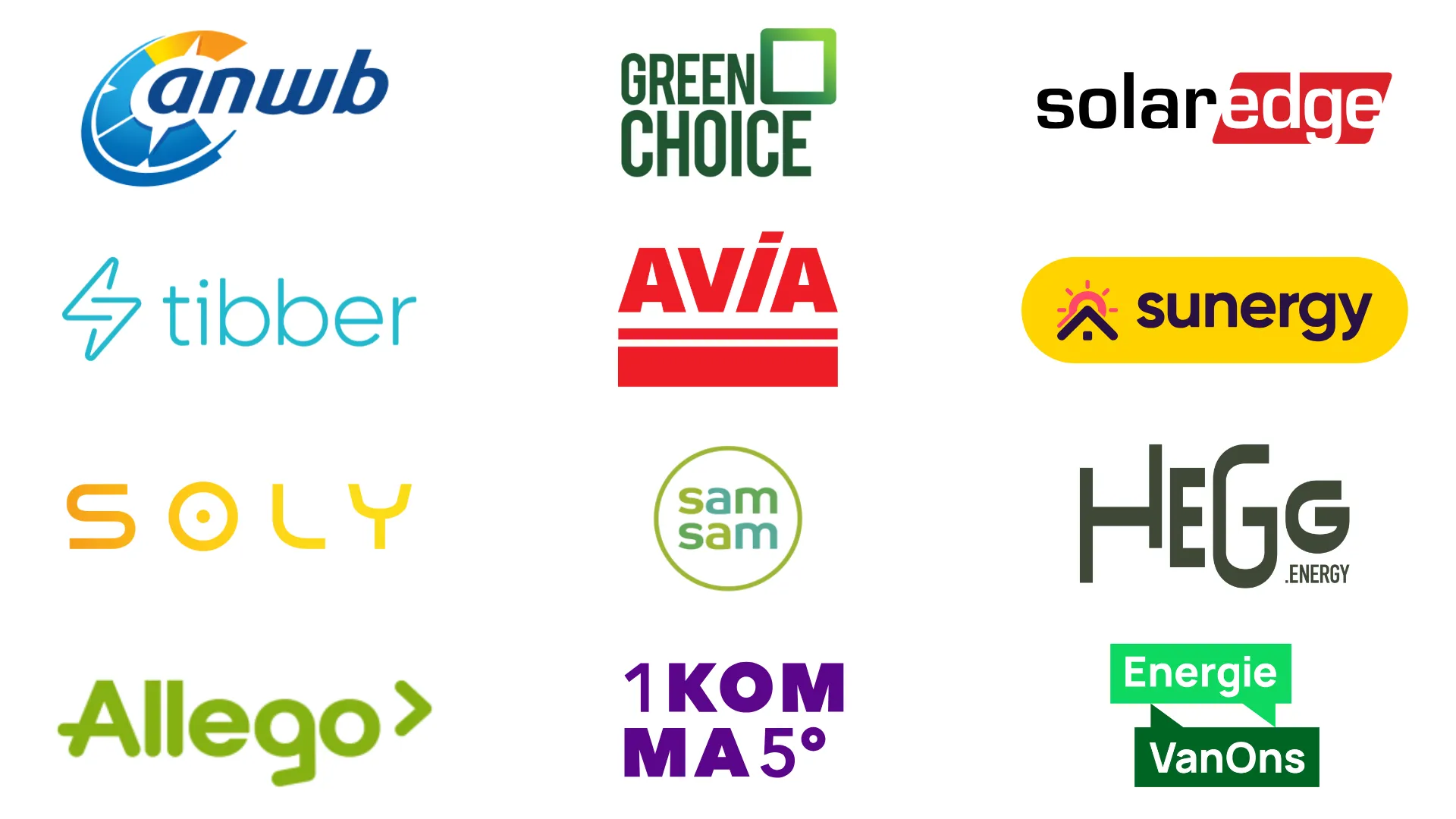 Grid of logos from various energy and technology companies including ANWB, Green Choice, SolarEdge, Tibber, AVIA, Sunergy, Soly, Samsam, HEGG Energy, Allego, 1KOMMA5°, and Energie VanOns.