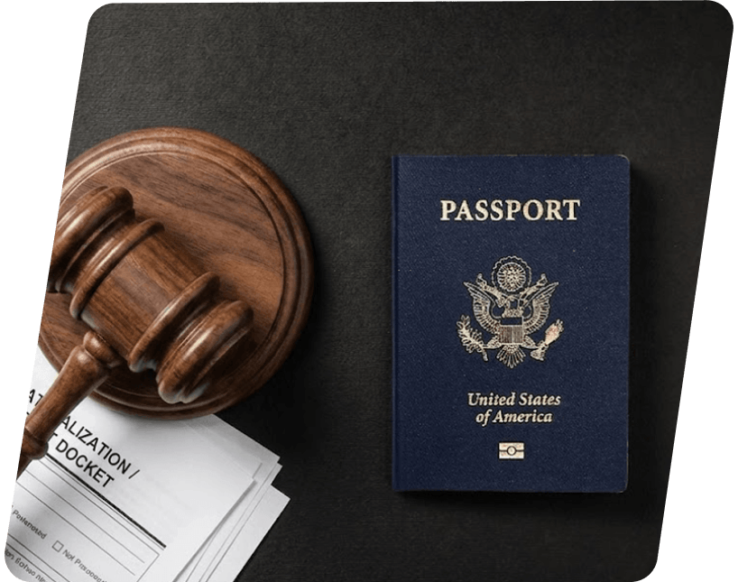 Passport, legal documents, and gavel representing immigration law services supported by Converxion Lab