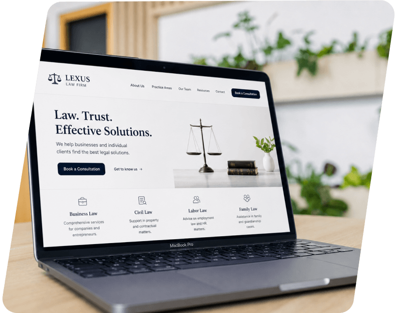 Law firm landing page displayed on a laptop, designed and optimized by Converxion Lab