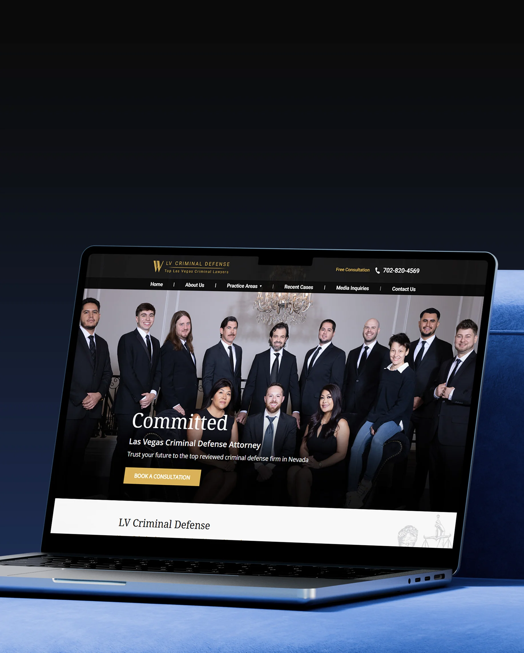 LV Criminal Defense law firm branding and website design project displayed on laptop mockup