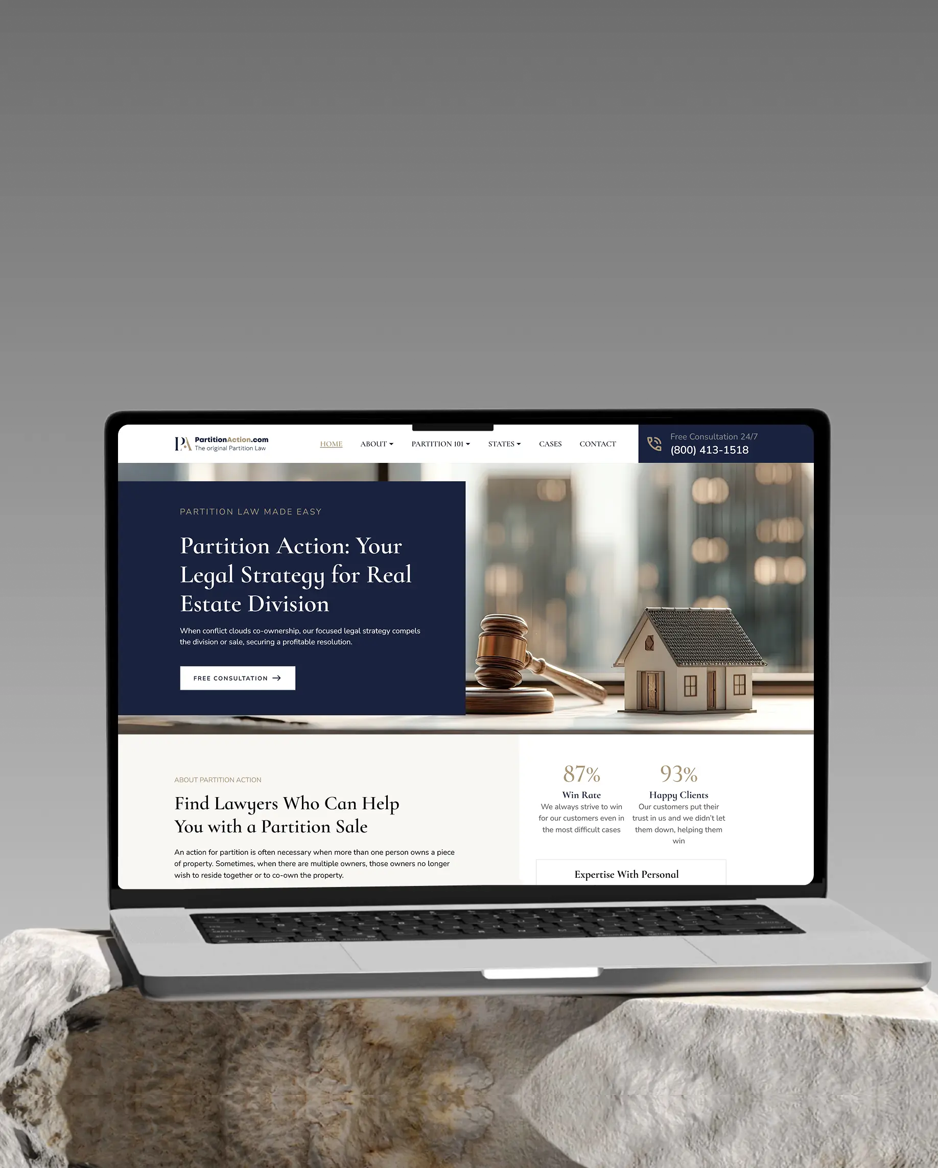 Partition Action law firm website design displayed on laptop mockup by ConverxionLab