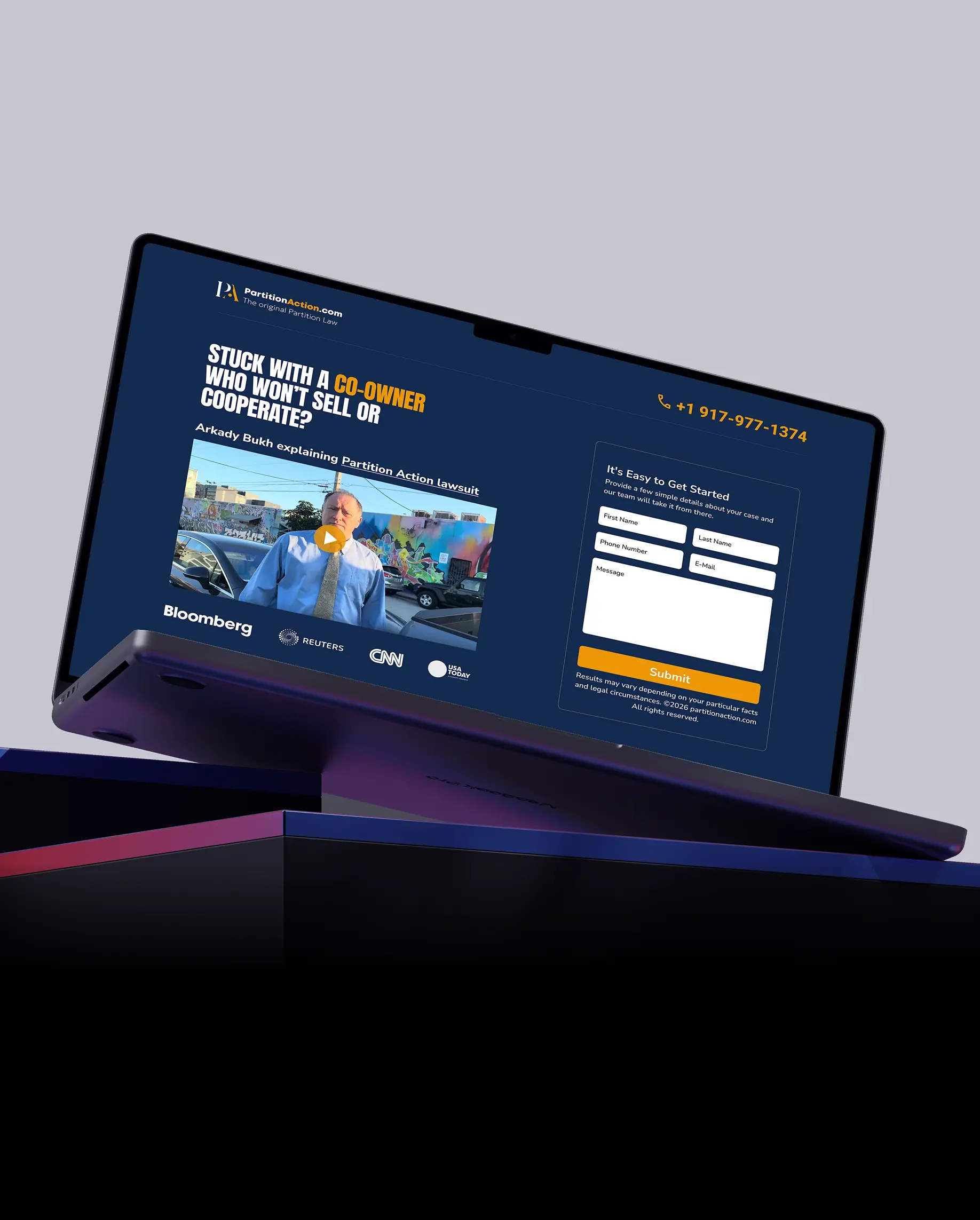 Partition Action landing page optimization project displayed on laptop mockup