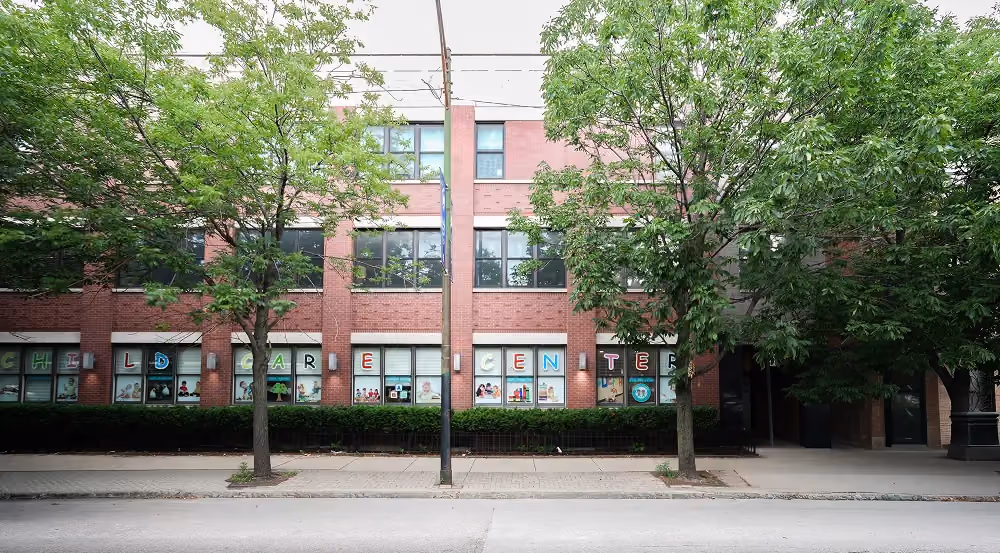 The tree-lined entrance to iLearn Center's Lincoln Park daycare in Chicago