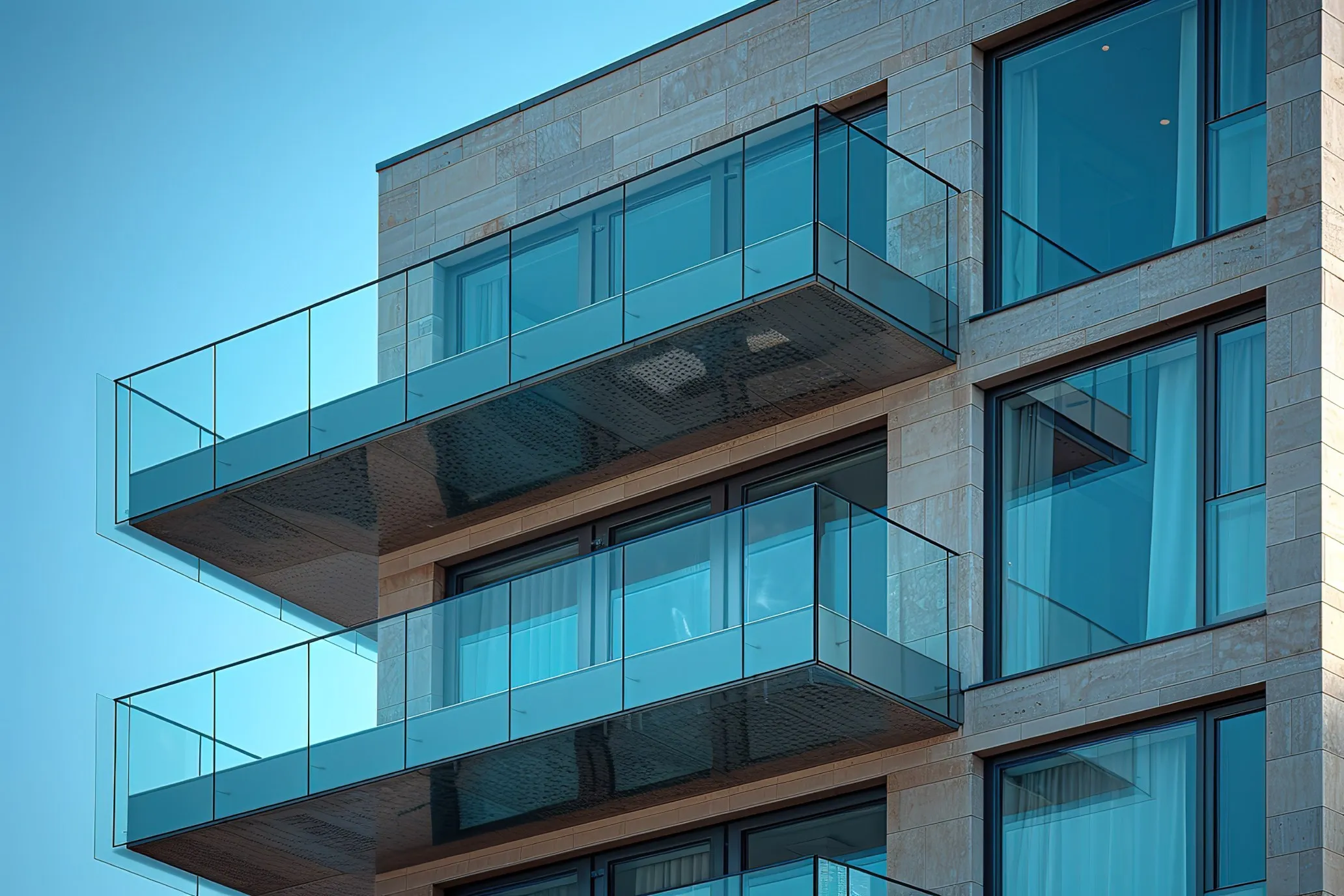 Modern building facade with large glass balconies and blue-tinted windows against a clear sky.