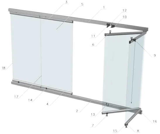 Illustration of a corner glass partition system with numbered metallic frame components and glass panels.