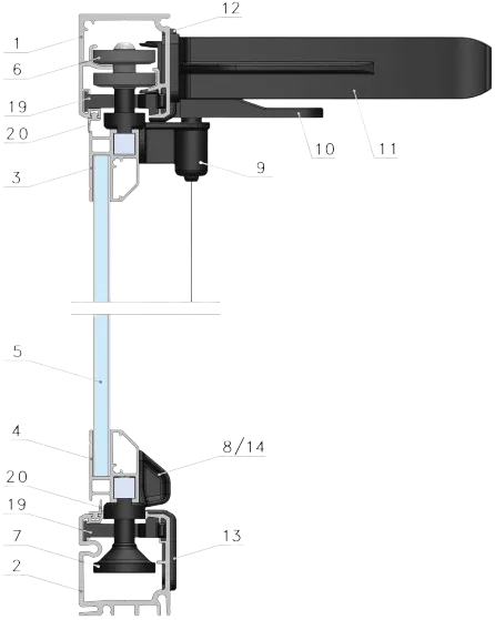 Technical cross-section diagram of a handle mechanism with numbered parts labeled from 1 to 20 showing internal components including levers, rods, and connecting elements.