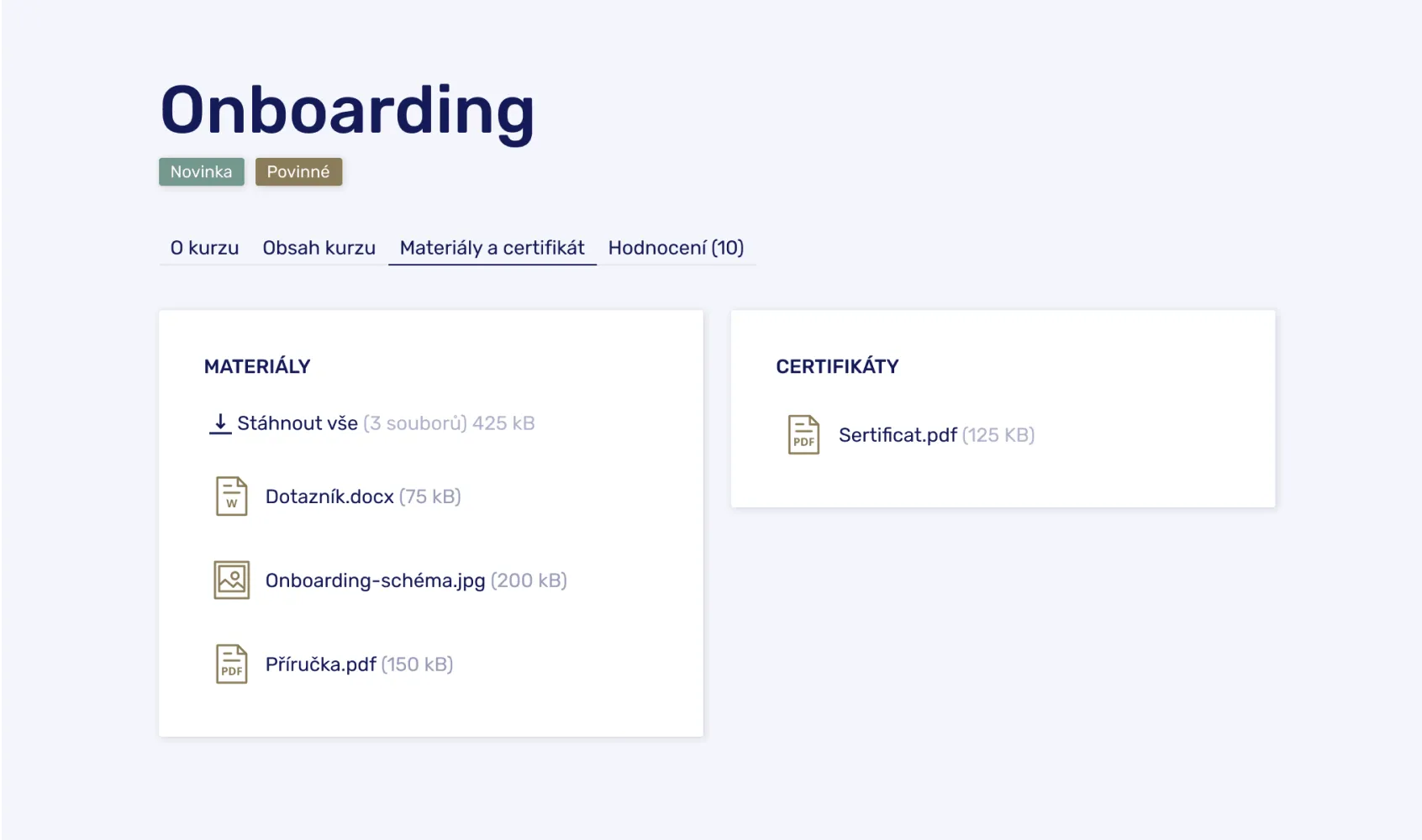 Materiály a certifikáty ke stažení v kurzu Onboarding