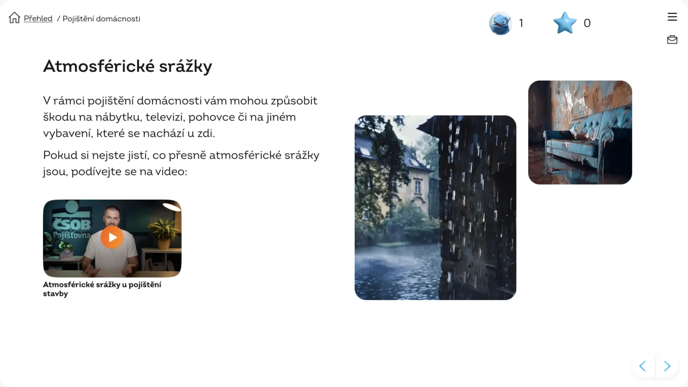 Obrazovka kurzu Atmosférické srážky s krátkým textem a fotografií
