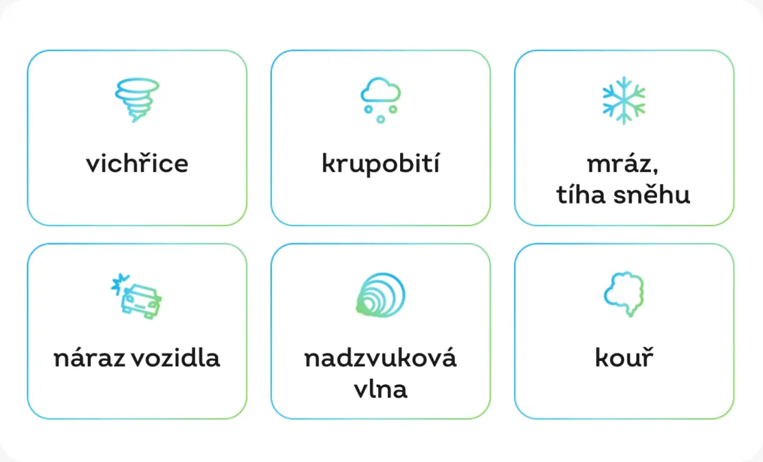 Minimalistická infografika s ikonami rizik: vichřice, krupobití, tíha sněhu, voda a kouř