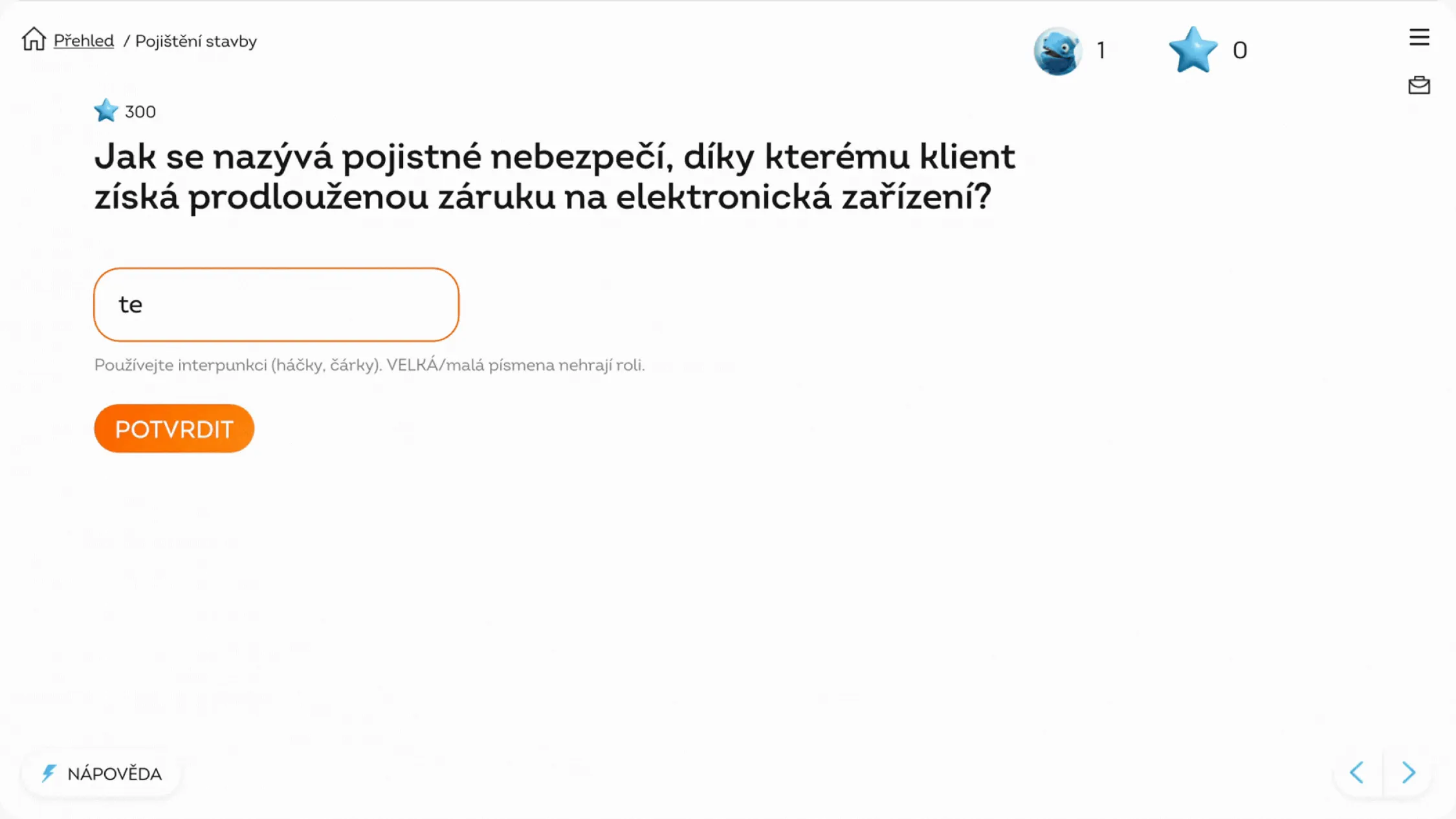Obrazovka kurzu s otevřenou odpovědí a tlačítkem Potvrdit