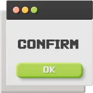 Eine 3D Illustration eines pop-up Fensters auf welchem 'Confirm' und ein 'OK' Button stehen. 