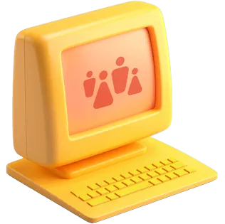 Eine 3D Illustration eines gelben Computers mit einem Icon einer Familie drauf. Es ist ein geteilter Familiencomputer.