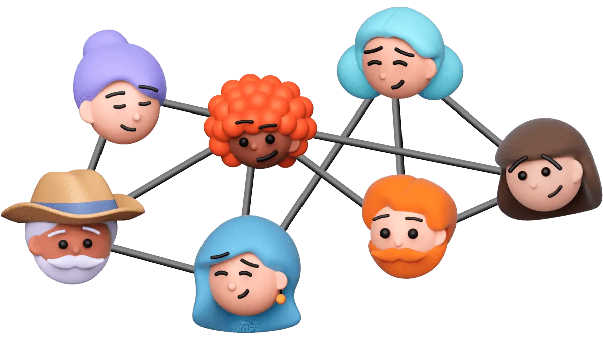 Eine 3D Illustration von einem Netzwerk. Viele Köpfe welche verbunden sind durch Linien.