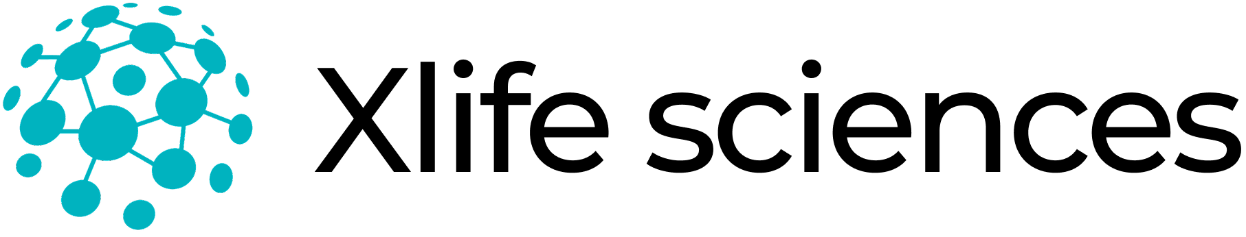 Xlife Sciences logo with teal molecular network mark and black wordmark on white background