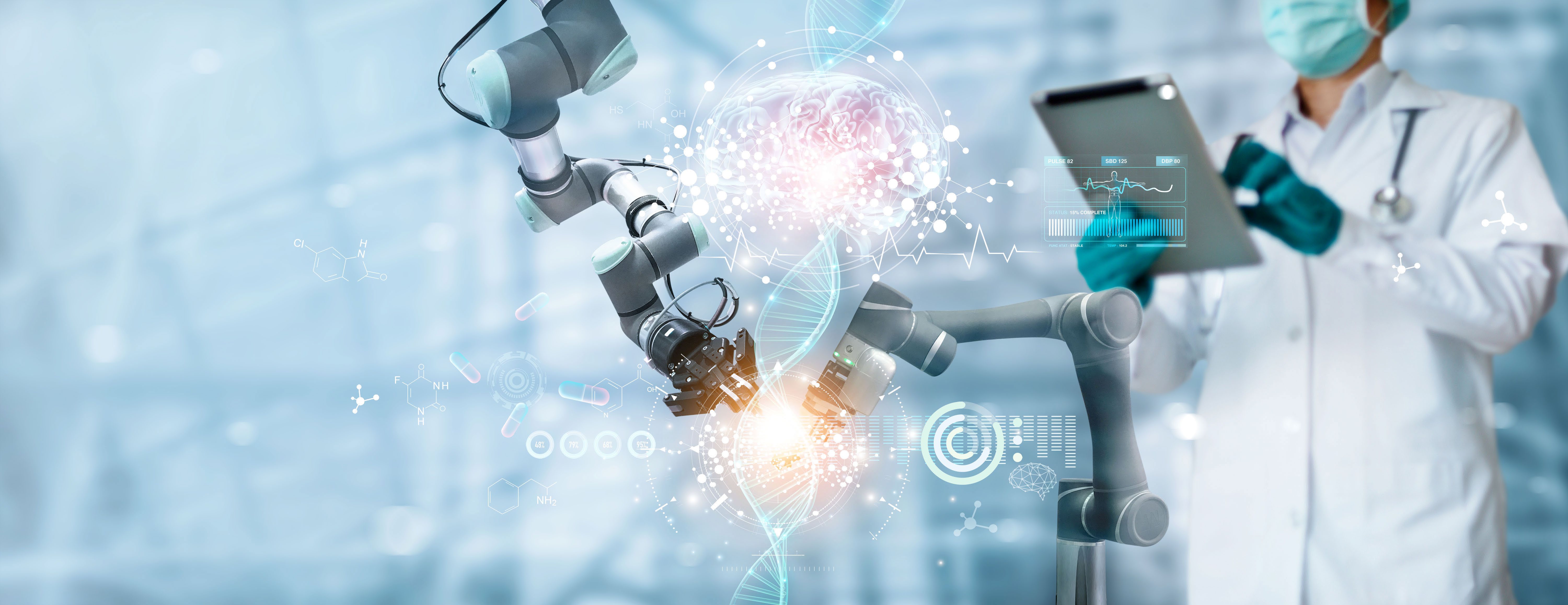 Robotic arm and surgeon with tablet over a holographic DNA helix and brain visualisation in a futuristic medical scene